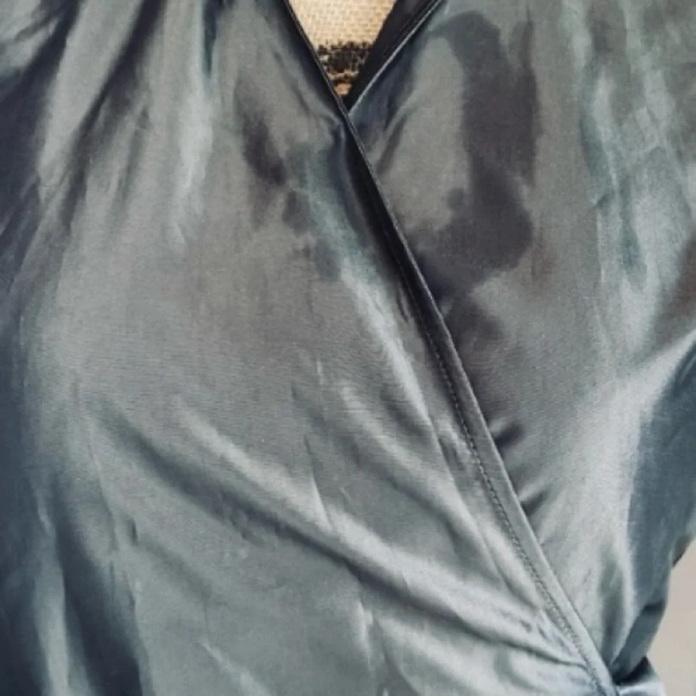 Zara Basic Satin Look Collared Wrap Blouse Black 3/4 Sleeves Bow Tie Waist - Picture 4 of 10